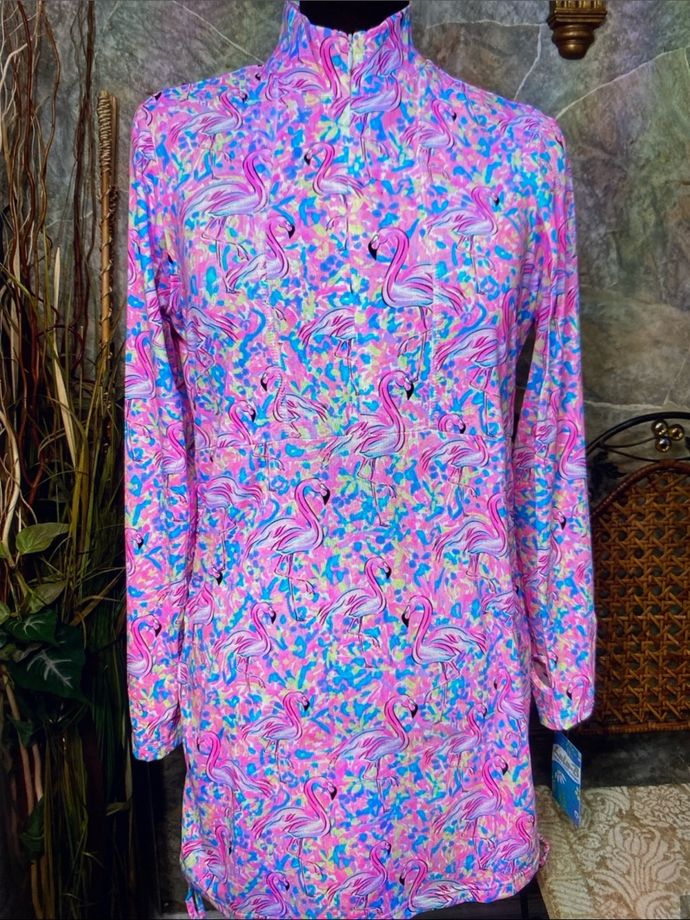 Lulu-B Pink Flamingo confetti Print Swim Coverup 3/4 zip thumb holes side seam
